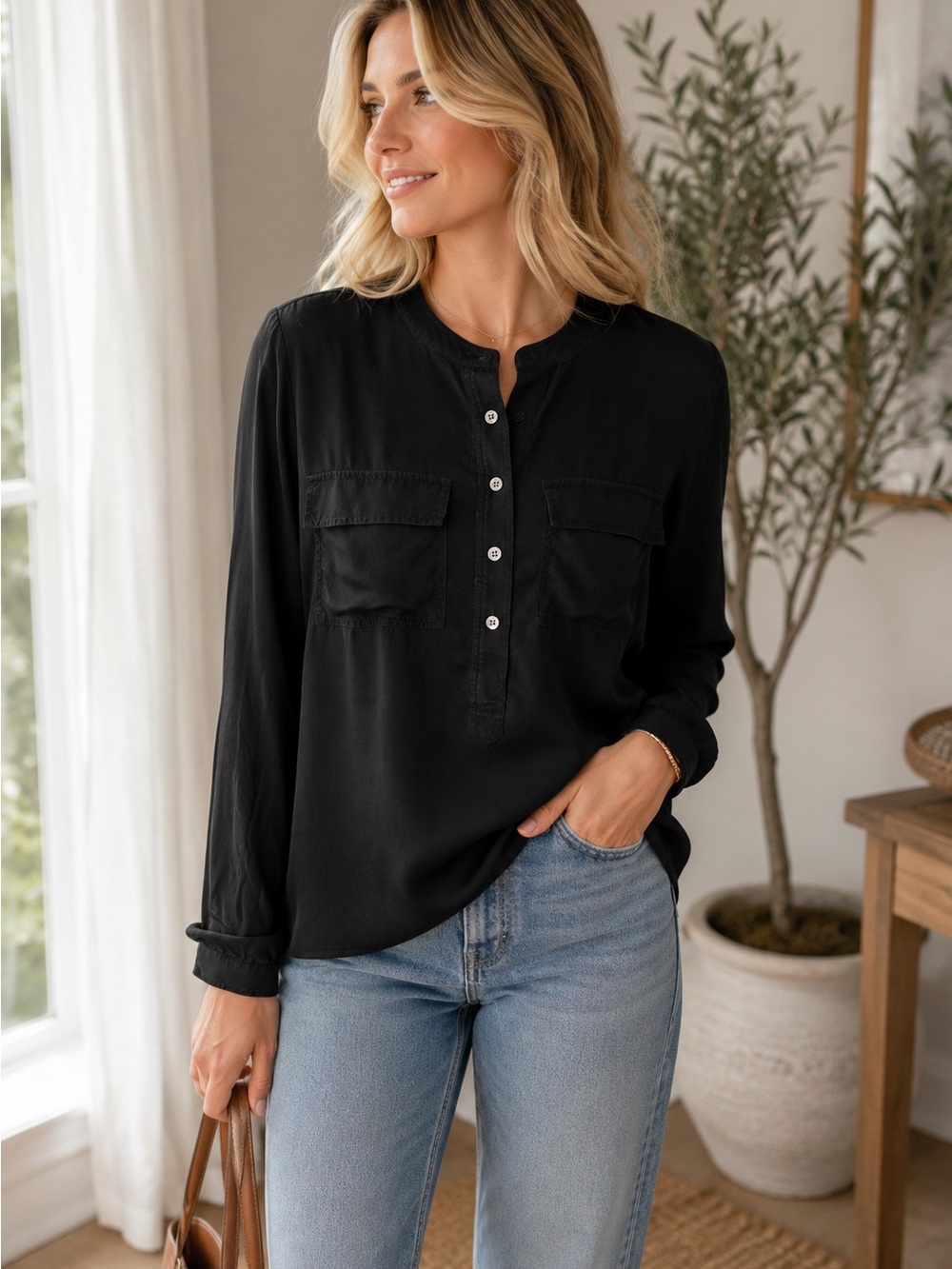 Banana Republic Black 100% Silk Popover Blouse Band Collar S
